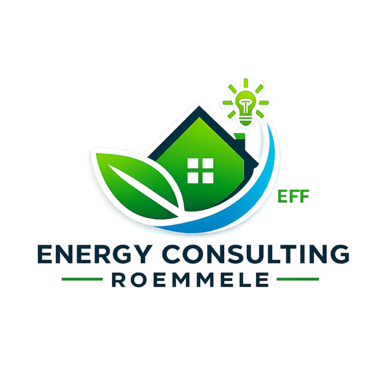 Energieberater Langenbrettach Logo für Energy Consulting Roemmele, bestehend aus einem Haus mit grünen Blättern und einer Glühbirne.